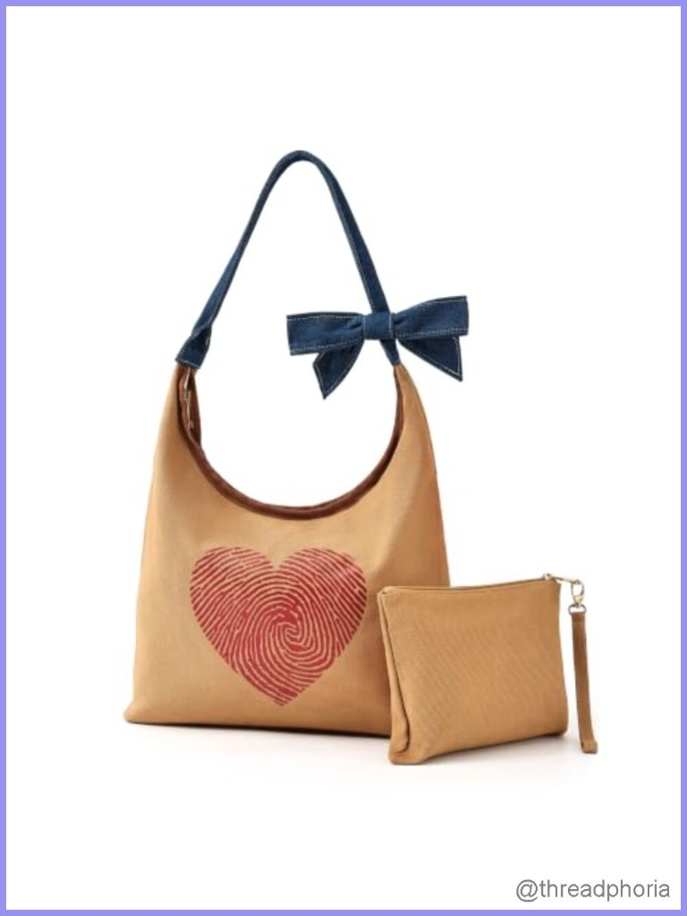 Canvas Hobo Bag Set with Small Pouch Heart Print and Denim Bow Strap
